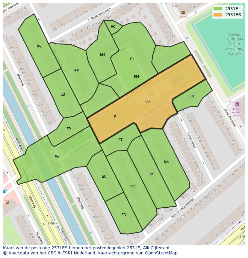 Afbeelding van het postcodegebied 2531 ES op de kaart.