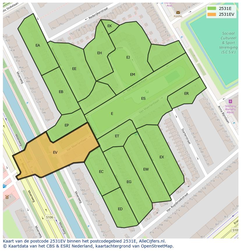 Afbeelding van het postcodegebied 2531 EV op de kaart.