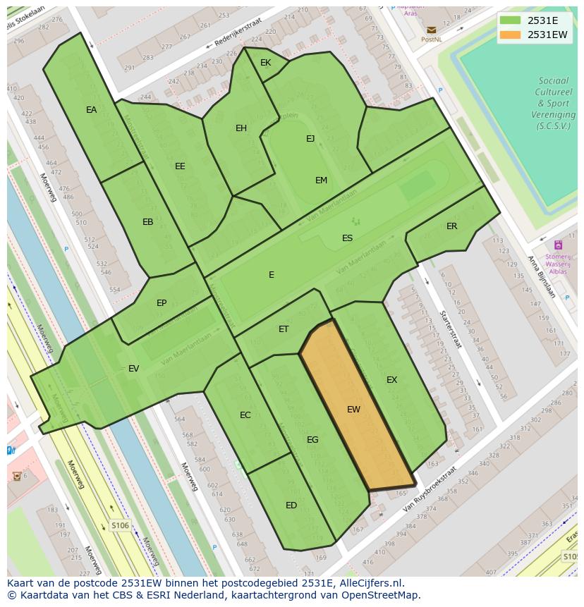 Afbeelding van het postcodegebied 2531 EW op de kaart.