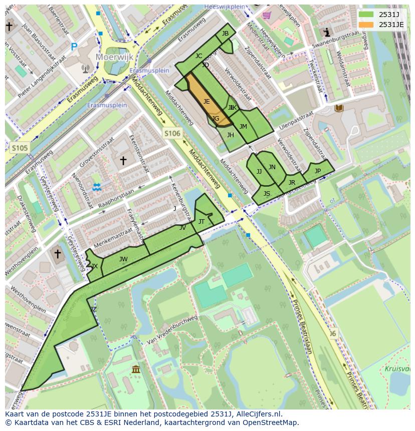 Afbeelding van het postcodegebied 2531 JE op de kaart.