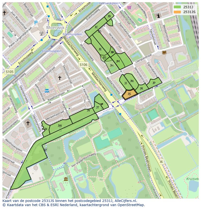 Afbeelding van het postcodegebied 2531 JS op de kaart.