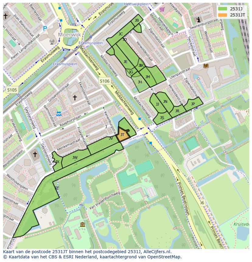 Afbeelding van het postcodegebied 2531 JT op de kaart.