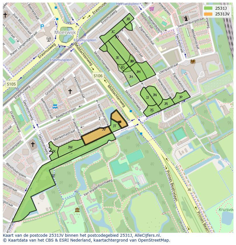 Afbeelding van het postcodegebied 2531 JV op de kaart.