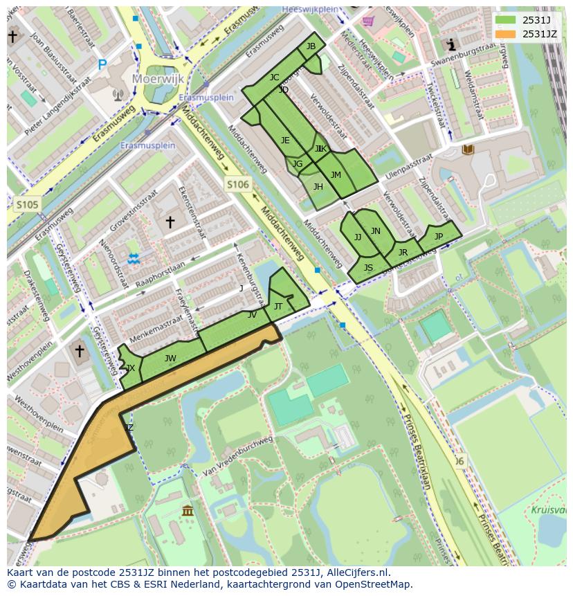 Afbeelding van het postcodegebied 2531 JZ op de kaart.