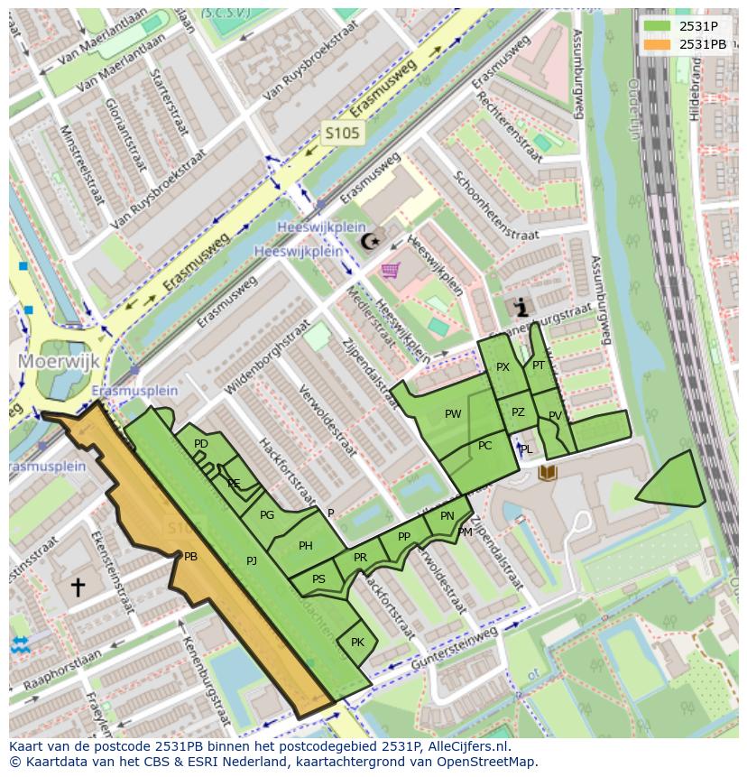 Afbeelding van het postcodegebied 2531 PB op de kaart.