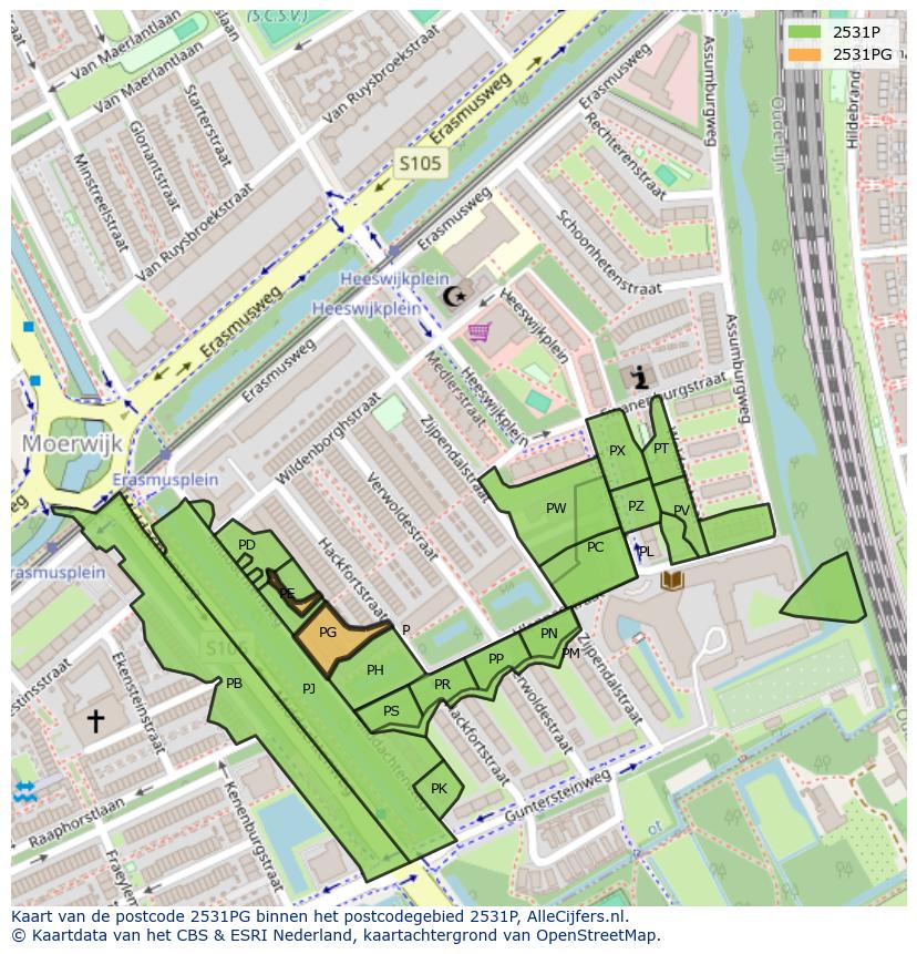 Afbeelding van het postcodegebied 2531 PG op de kaart.