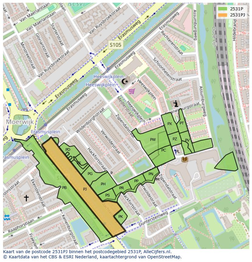 Afbeelding van het postcodegebied 2531 PJ op de kaart.