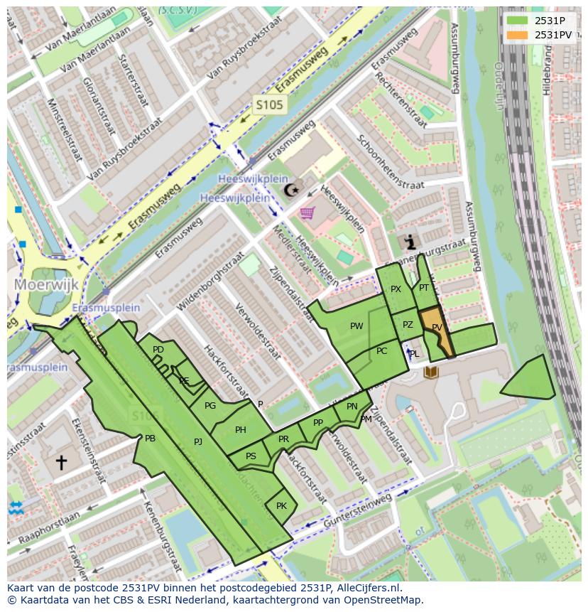 Afbeelding van het postcodegebied 2531 PV op de kaart.