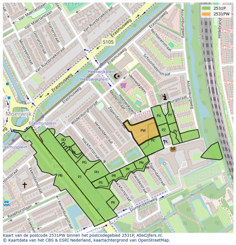 Afbeelding van het postcodegebied 2531 PW op de kaart.