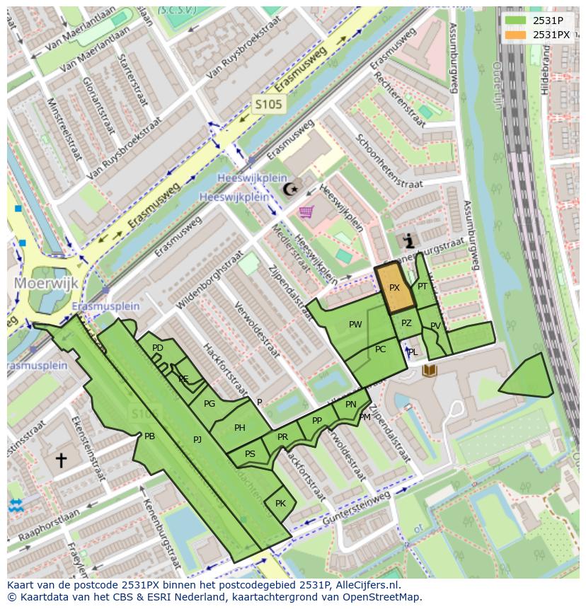 Afbeelding van het postcodegebied 2531 PX op de kaart.