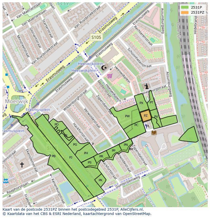 Afbeelding van het postcodegebied 2531 PZ op de kaart.