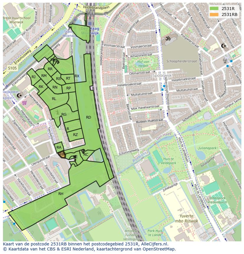 Afbeelding van het postcodegebied 2531 RB op de kaart.