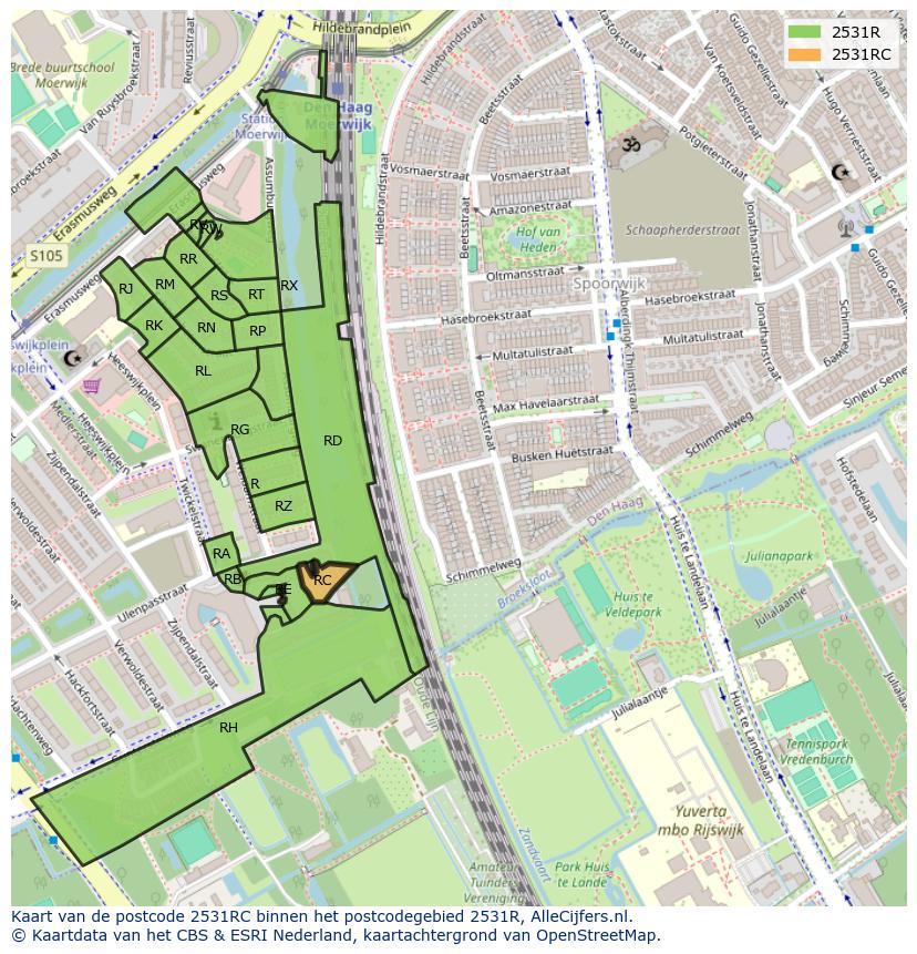 Afbeelding van het postcodegebied 2531 RC op de kaart.