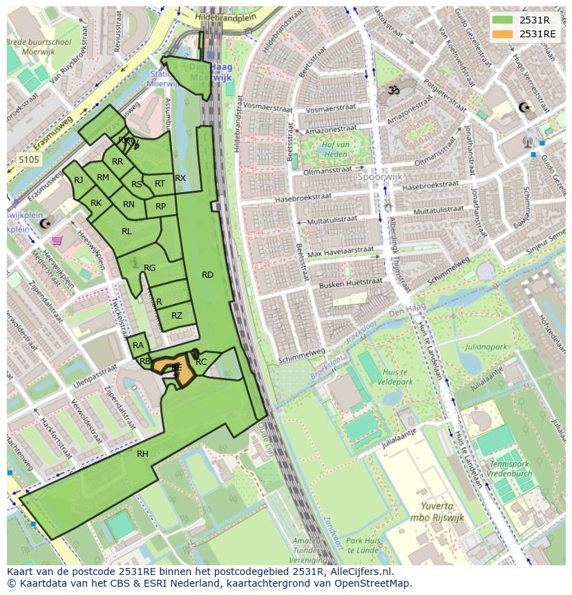 Afbeelding van het postcodegebied 2531 RE op de kaart.