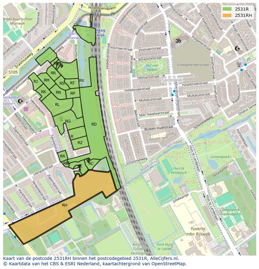 Afbeelding van het postcodegebied 2531 RH op de kaart.
