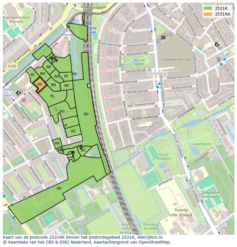 Afbeelding van het postcodegebied 2531 RK op de kaart.