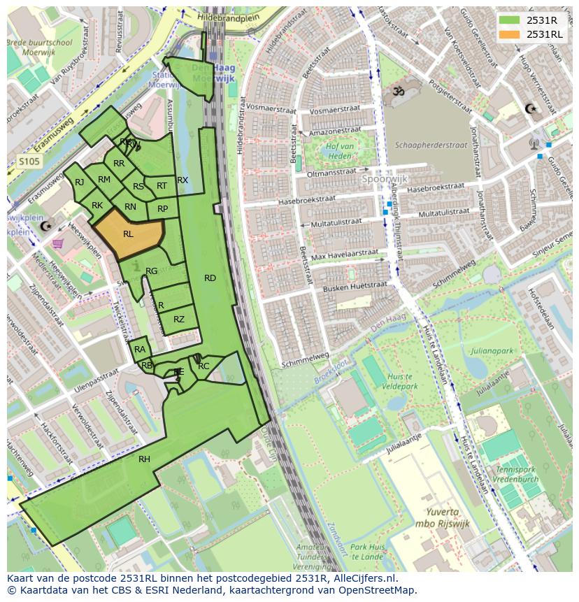 Afbeelding van het postcodegebied 2531 RL op de kaart.