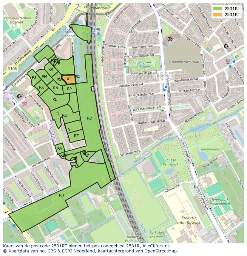 Afbeelding van het postcodegebied 2531 RT op de kaart.