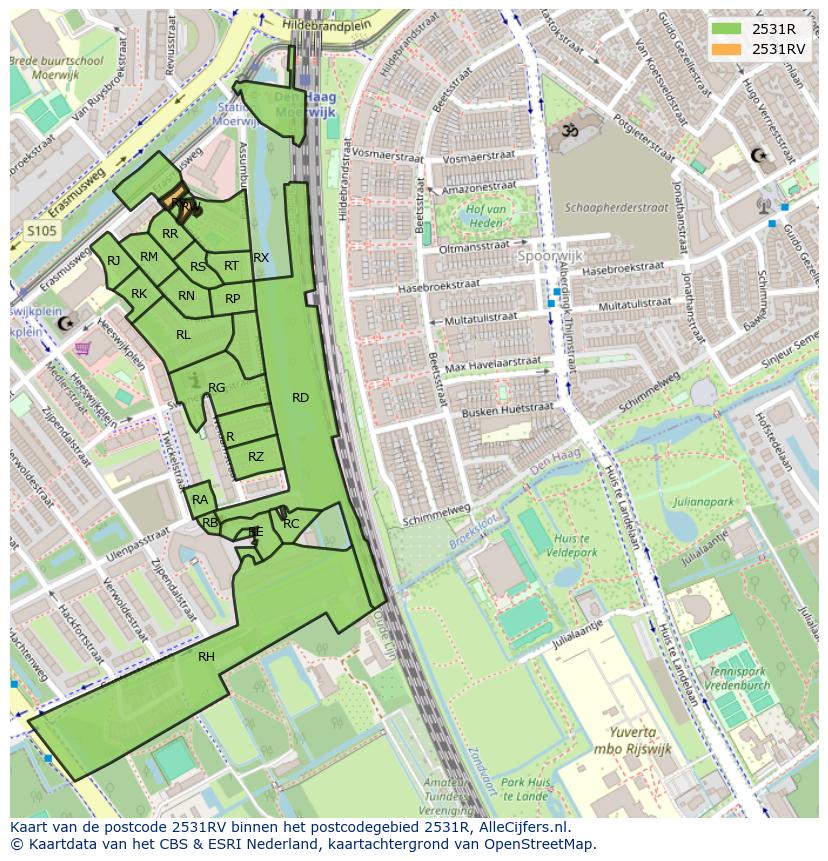 Afbeelding van het postcodegebied 2531 RV op de kaart.