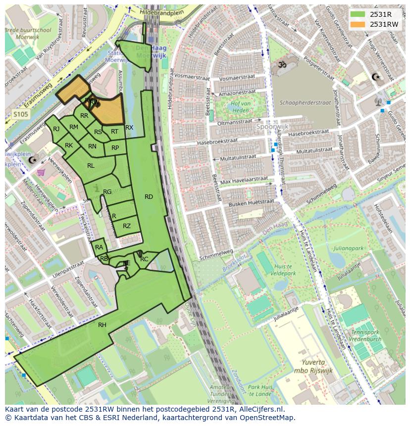 Afbeelding van het postcodegebied 2531 RW op de kaart.