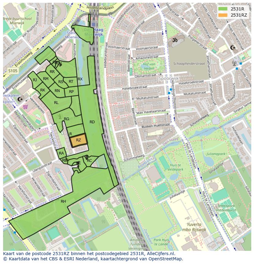 Afbeelding van het postcodegebied 2531 RZ op de kaart.