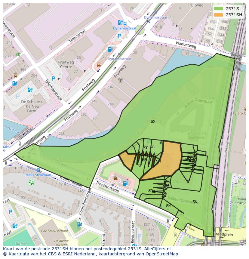 Afbeelding van het postcodegebied 2531 SH op de kaart.