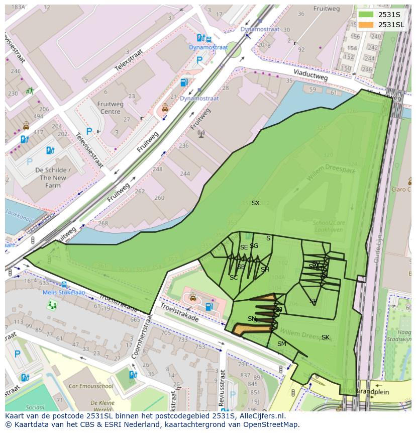 Afbeelding van het postcodegebied 2531 SL op de kaart.