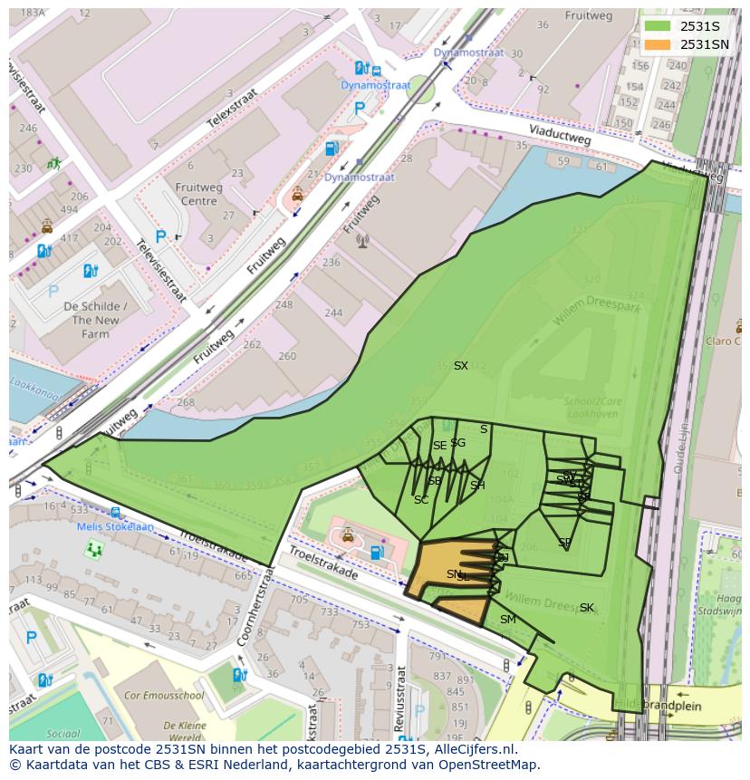 Afbeelding van het postcodegebied 2531 SN op de kaart.