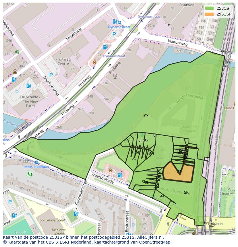 Afbeelding van het postcodegebied 2531 SP op de kaart.