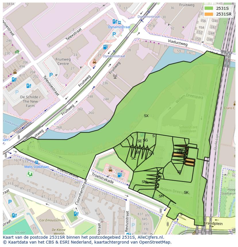 Afbeelding van het postcodegebied 2531 SR op de kaart.