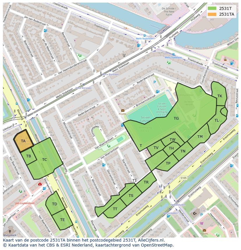 Afbeelding van het postcodegebied 2531 TA op de kaart.