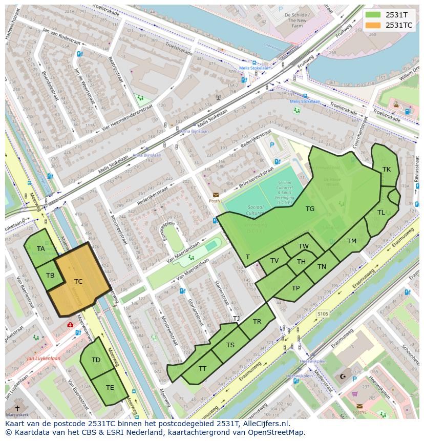 Afbeelding van het postcodegebied 2531 TC op de kaart.