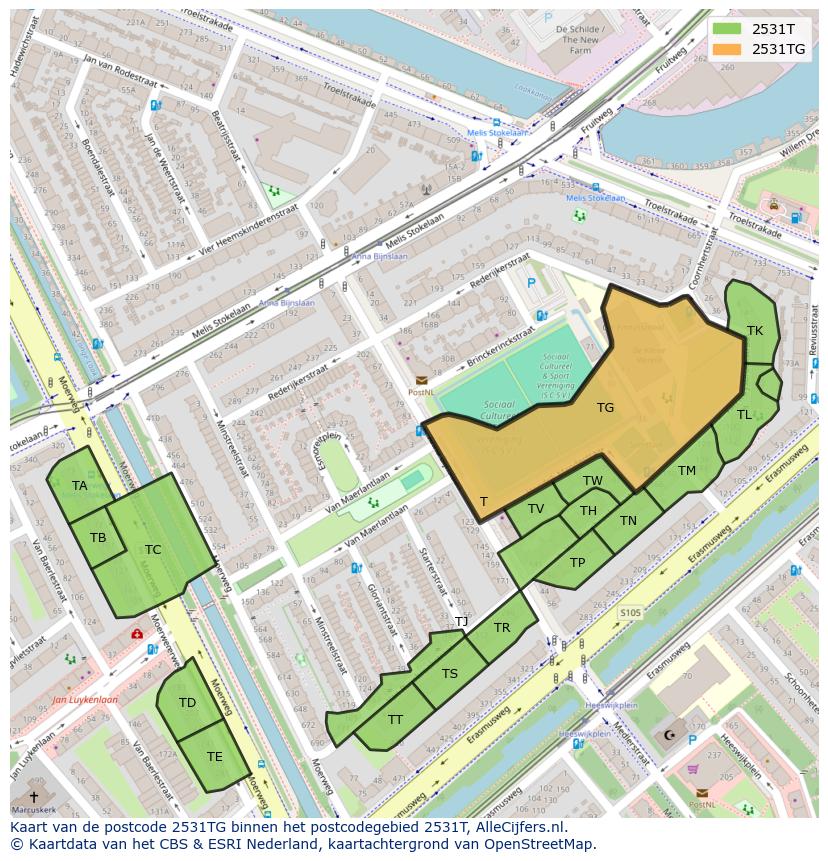 Afbeelding van het postcodegebied 2531 TG op de kaart.