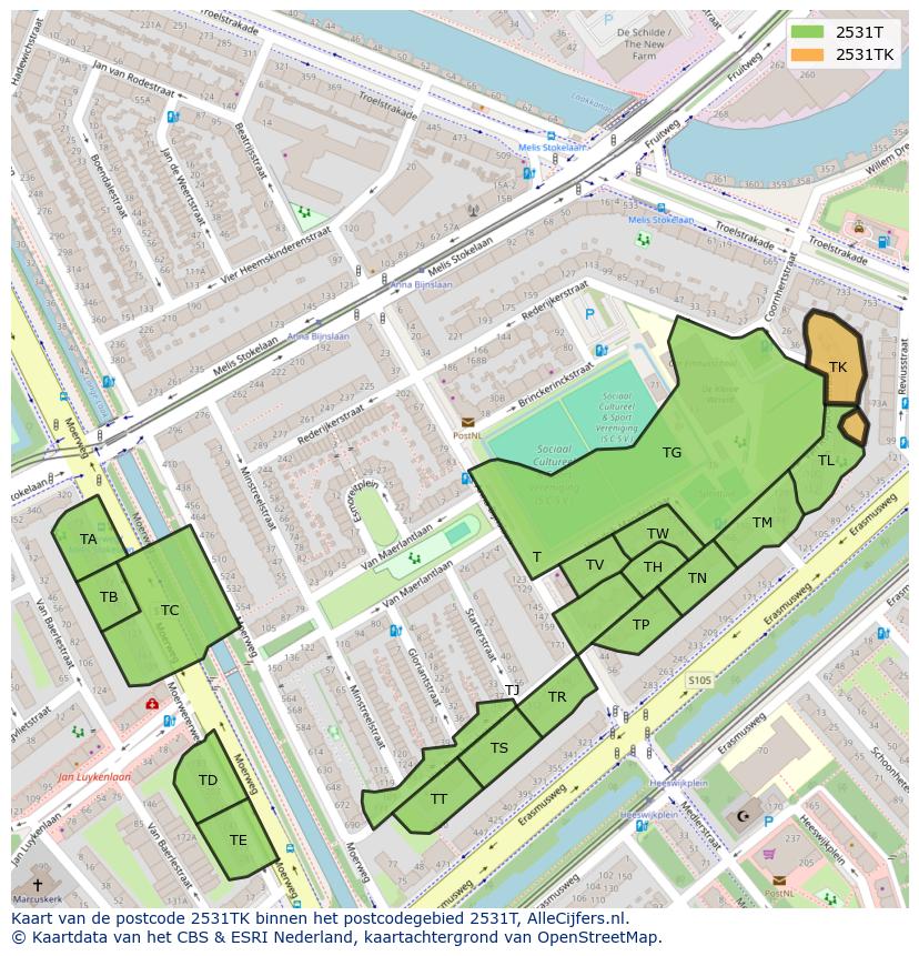 Afbeelding van het postcodegebied 2531 TK op de kaart.