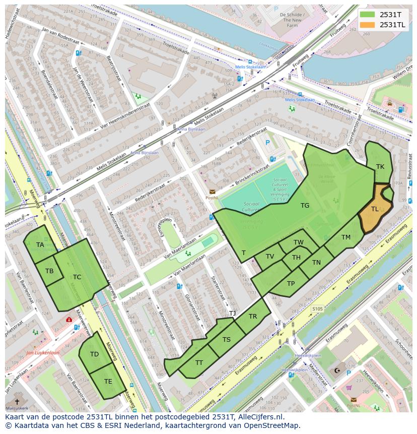 Afbeelding van het postcodegebied 2531 TL op de kaart.