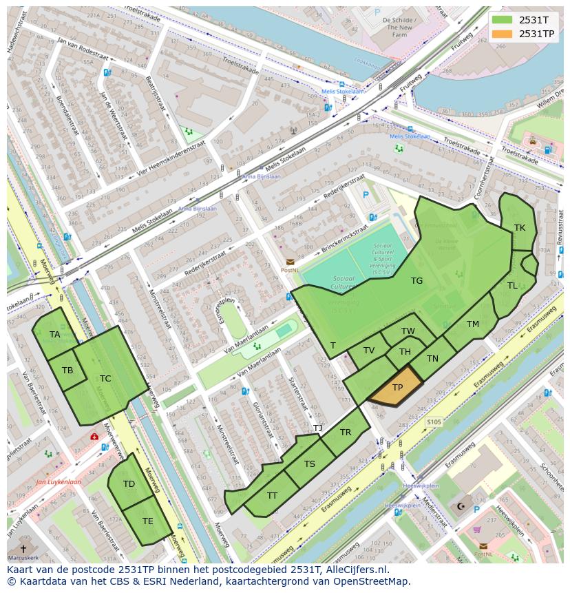 Afbeelding van het postcodegebied 2531 TP op de kaart.