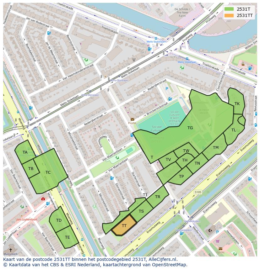 Afbeelding van het postcodegebied 2531 TT op de kaart.
