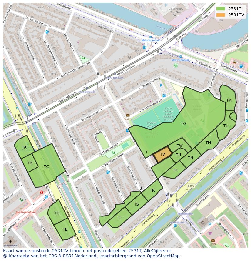 Afbeelding van het postcodegebied 2531 TV op de kaart.