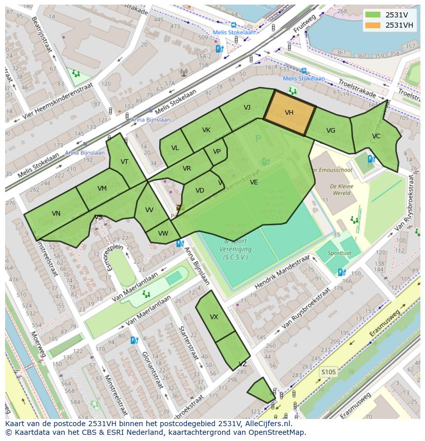Afbeelding van het postcodegebied 2531 VH op de kaart.