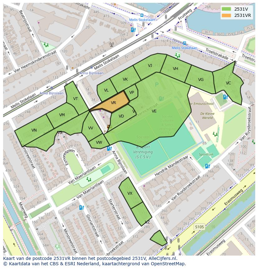 Afbeelding van het postcodegebied 2531 VR op de kaart.