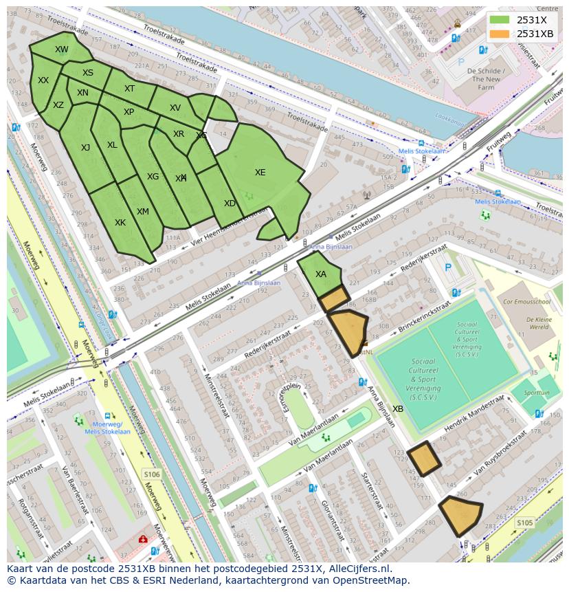 Afbeelding van het postcodegebied 2531 XB op de kaart.