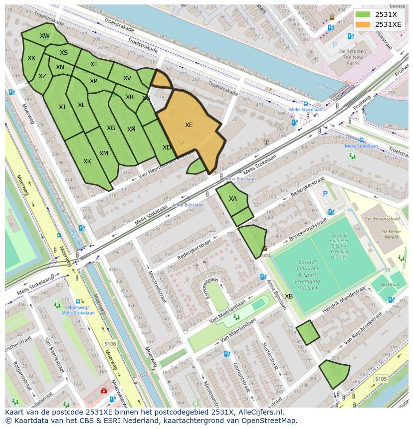 Afbeelding van het postcodegebied 2531 XE op de kaart.
