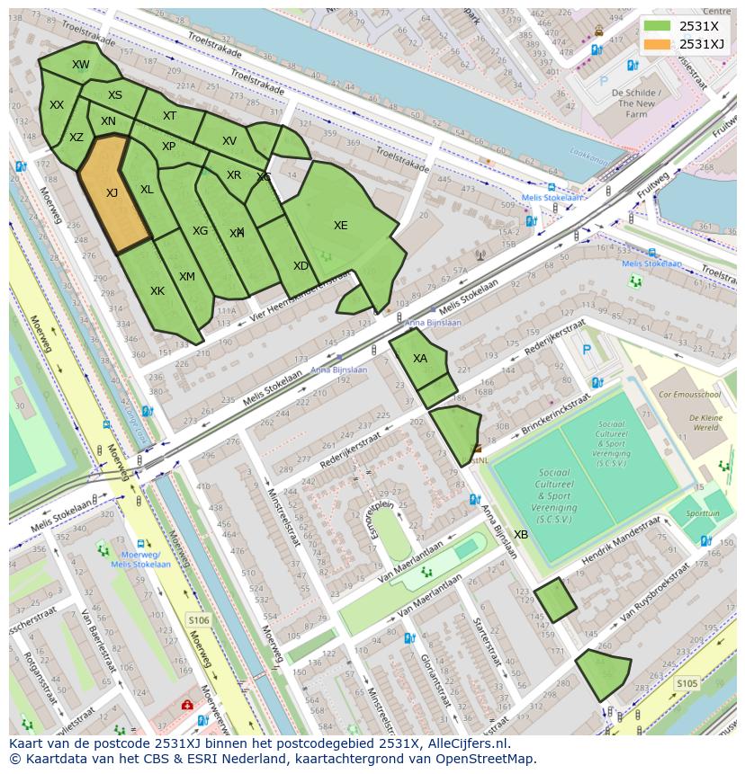 Afbeelding van het postcodegebied 2531 XJ op de kaart.