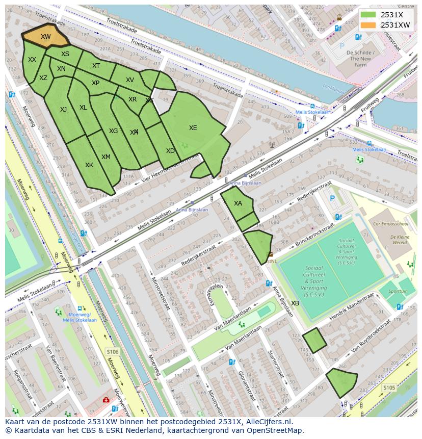 Afbeelding van het postcodegebied 2531 XW op de kaart.
