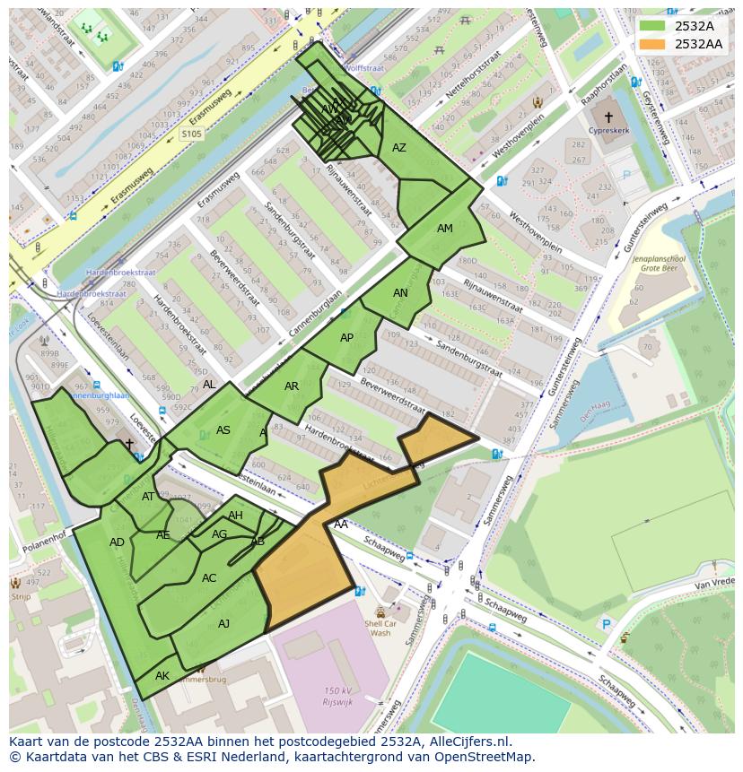 Afbeelding van het postcodegebied 2532 AA op de kaart.