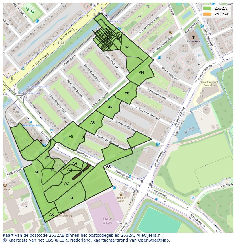 Afbeelding van het postcodegebied 2532 AB op de kaart.