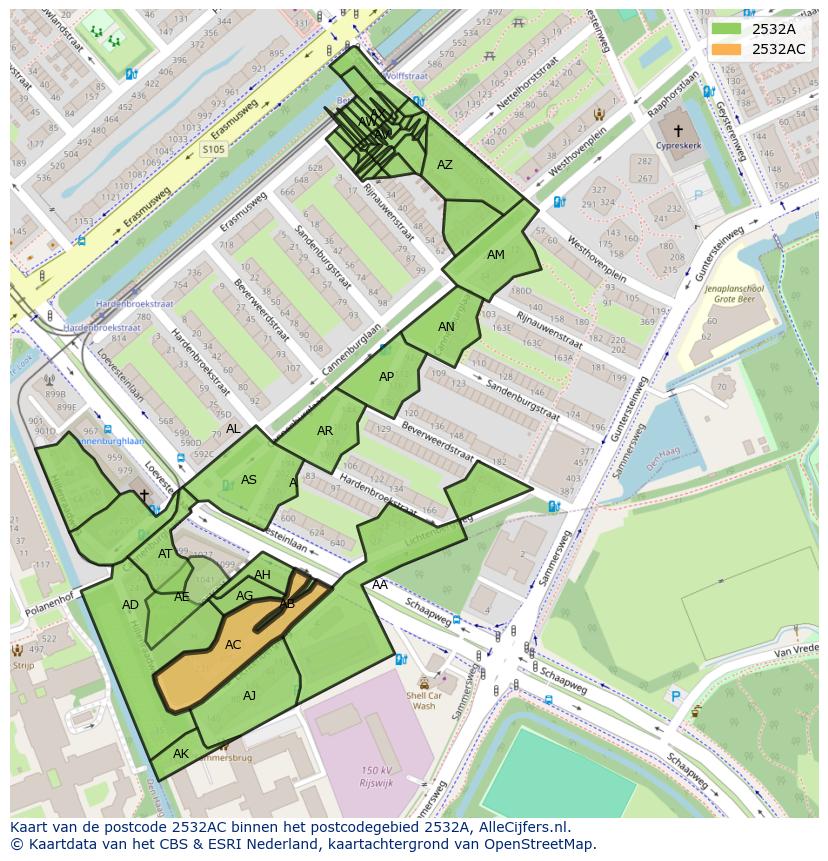 Afbeelding van het postcodegebied 2532 AC op de kaart.