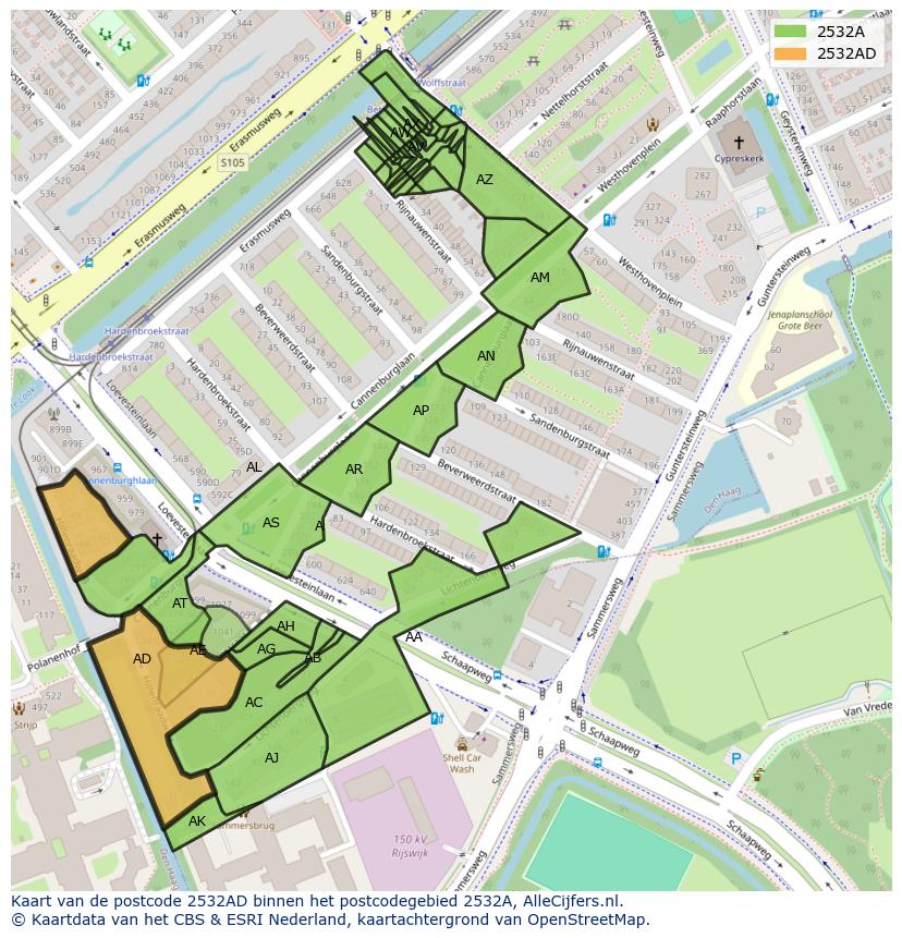 Afbeelding van het postcodegebied 2532 AD op de kaart.