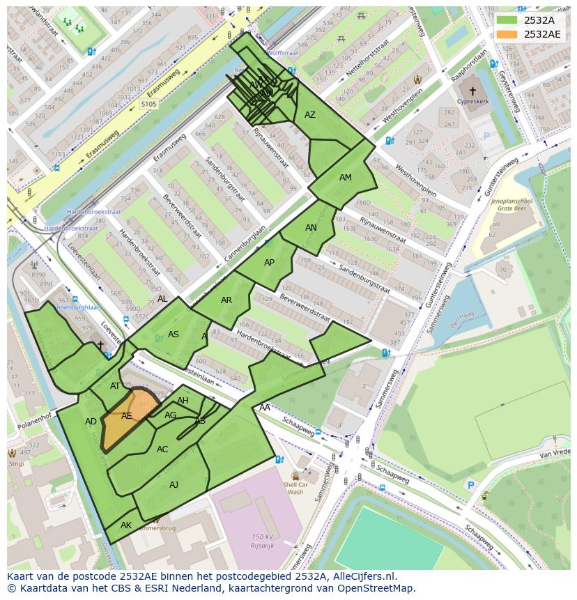 Afbeelding van het postcodegebied 2532 AE op de kaart.