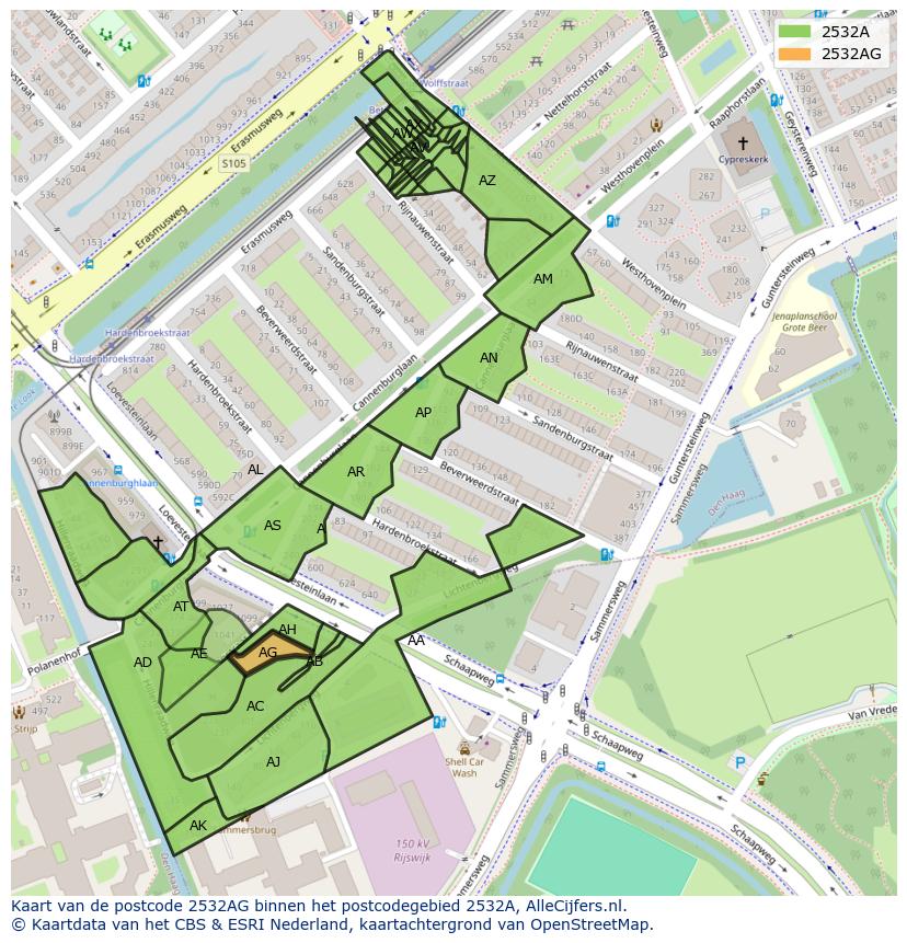 Afbeelding van het postcodegebied 2532 AG op de kaart.